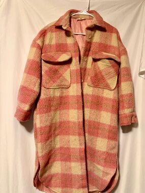 Altar'd State Pink & Cream Plaid Teddy Shacket Coat